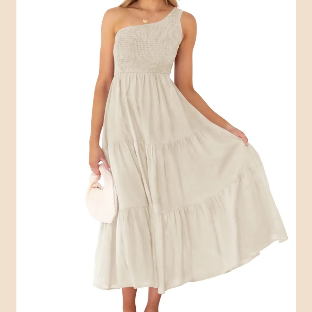 ZESICA One Shoulder Sleeveless Smoked Boho MIDI Dress